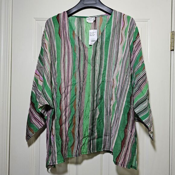 Simple Suzanne Betro Semi-sheer Green Stripe Tunic Top Dolman Sleeves Size XL - Picture 1 of 7
